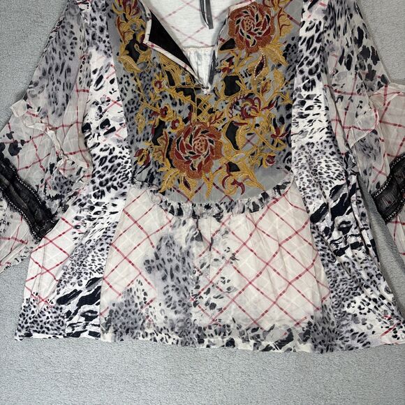 Anthropologie Women’s Mathilda Balloon Sleeve Mixed Print Blouse XL Sheer Boho - Picture 3 of 15